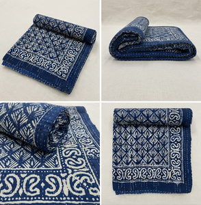 Cubrecama Kantha con Estampado Floral de Hojas Azules, Tamaño Doble 90x108 Pulgadas, Colcha de Algodón Hecha a Mano y Cubrecama Indio - Product Image 3