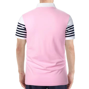 Polo de Manga Corta para Hombre, Diseño de Bloques de Color, Patrón a Rayas, Corte Regular, Tejido Informal, Rosa, Blanco, Azul Marino - Product Image 3