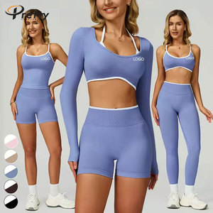 Set Yoga Personalizzato in Cinque Pezzi: Reggiseno Sportivo ad Alto Supporto con Spalline Incrociate e Pantaloncini Attillati per Abbigliamento da Palestra Femminile - Product Image 1