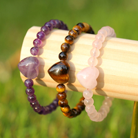 Pulsera de Corazón de Cuarzo Rosa, Amatista y Ojo de Tigre Natural al por Mayor, Joyería Curativa de Piedras Preciosas Mixtas, Brazalete de Cuentas a Granel para Reventa