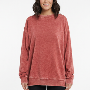 Casual Drop Shoulder Fleece <b>Red</b> Wholesale 100% Cotton Oversized Streetwear Embroidered Washed Women Crewneck Sweatshirt - Product Image 2