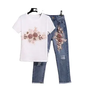 SADI sleeveless knitted T shirt top and ladies jeans pants two piece set summer women clothing sets