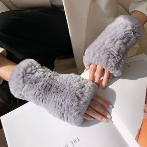 Gants sans doigts en fourrure de lapin Rex véritable, doux et chauds pour l'hiver, mitaines thermiques tricotées à demi-doigts pour femmes, pour la conduite et la frappe au clavier - Product Image 1