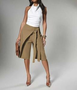 Office <strong>Lady</strong> Elegant Skirt Pants, High Waist Straight Leg Layered Wrap <strong>Culottes</strong> with Sash Detail - Product Image 1