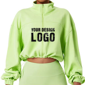 Factory Wholesale French Terry Stand Collar Full Zip Womens Hoodie Custom Logo Drop Shoulder Zipped Women's Cropped <b>Hoodies</b> - Product Image 3