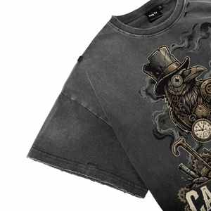 Camiseta de algodón transpirable de manga corta oversize para hombre con lavado vintage y efecto desgastado, con estampado de sombrero de copa punk, reloj de bolsillo, detective y cuervo - Product Image 5