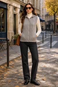 <strong>Women's</strong> Cable Knit Hooded Vest <strong>Padded</strong> Quilted <strong>Hood</strong> Snap Button Diamond Argyle Knit <strong>Gilet</strong> 4 Colors One Size Autumn Winter - Product Image 4