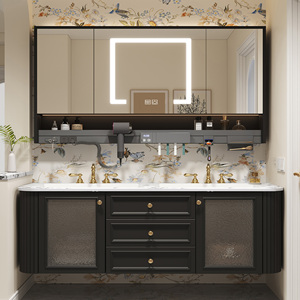 Mueble de Baño Moderno de Lujo Francés Color Crema, Lavabo Simple/Doble, Encimera de Madera, Lavabo de Cerámica, Espejo Inteligente, Gabinete de Pared - Product Image 2