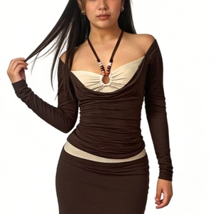 T-shirt décontracté pour femme à col halter, respirant, froncé, épaules dénudées, manches longues, coupe classique, tendance - Product Image 3
