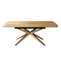 Table à manger moderne en mélamine imitation bois, taille fixe, avec base en métal bicolore en forme de X, pour la maison et l'hôtellerie