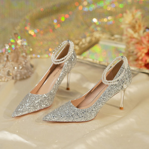 Zapatos de Novia con Tacón de Aguja, Punta en Pico, Pedrería, Correa en el Tobillo, Forro de Satén, Tacón Súper Alto de 8cm - Product Image 3