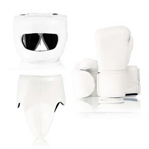 Ensemble de sparring de boxe MMA Fly White en cuir de vache véritable avec sangle réglable, comprenant des gants de boxe, un casque et une protection inguinale - Product Image 1