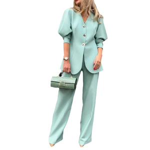 Ensemble 2 pièces pour femme, veste et pantalon amples à manches lanternes, couleur unie, tendance - Product Image 1