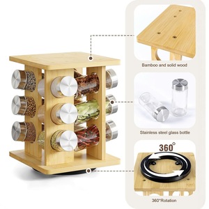 Bamboo Wood <b>Rotating</b> <b>Spice</b> <b>Rack</b> Double Layer Airtight Storage With Labels And Funnel For Kitchen Use - Product Image 4