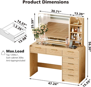 Coiffeuse en bois cannelé de 47 pouces avec <span class=keywords><strong>miroir</strong></span> éclairé, 3 modes de couleur, luminosité réglable, plateau en verre moderne et 7 tiroirs - Product Image 4