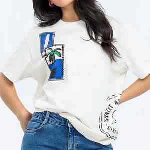 Camiseta Casual de Algodón Orgánico Estampada para Mujer, Cuello en V, Manga Corta, Colores Personalizados, Logotipo, Diseño Bordado Antiarrugas de Alta Calidad - Product Image 5