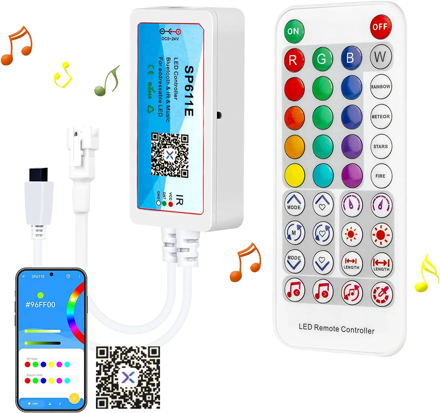 SP611E Bluetooth LED Music Sync Control Addressable Dream Color LED Strip Pixels Light DC5V~24V APP/IR Remote