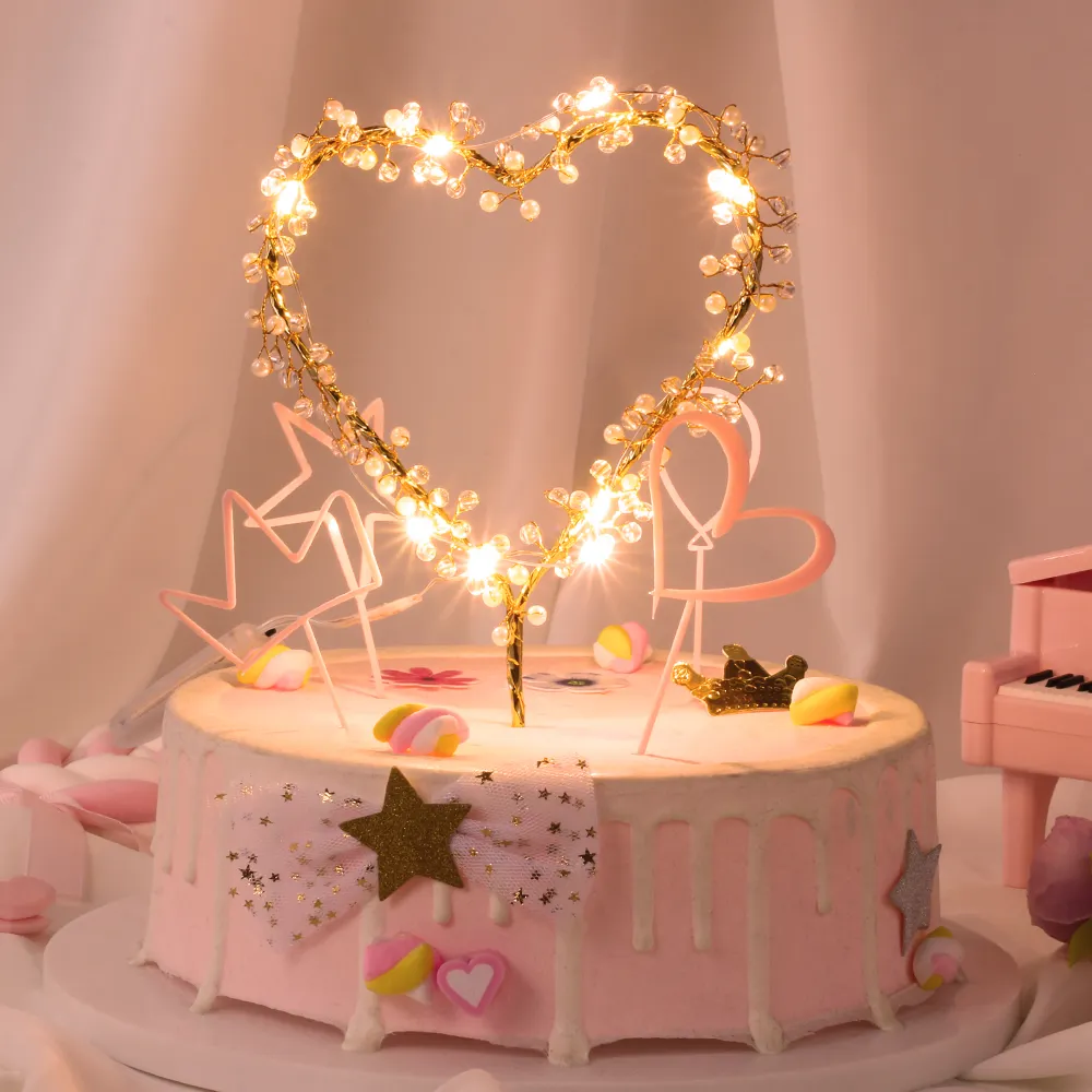Cupcakes clignotant décoration outil Led coeur forme Led éclairage perle Topper fête de mariage gâteau Topper