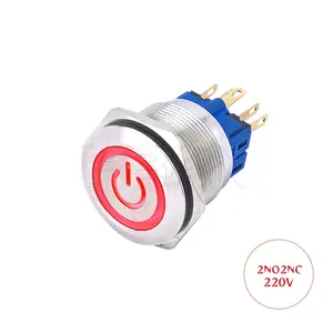 Interrupteur avec symbole d'alimentation, 2 no2nc, led, 12 MM, 25MM, 220v, bouton de démarrage électrique rouge