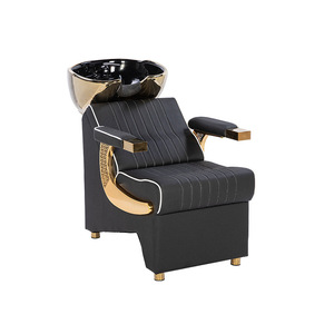 Sillón de Lavado de Cabello Moderno Negro y Dorado para Salón, Semicómodo, con Estructura de Aluminio y Lavabo de Cerámica, Mueble de Salón - Product Image 1
