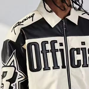 Chaquetas Bomber de Cuero Sintético para <span class=keywords><strong>Hombre</strong></span>, Estilo Motero, Personalizadas con Impresión en Pantalla y Puff Printing, Diseño Cuadrado, OEM ODM - Product Image 3