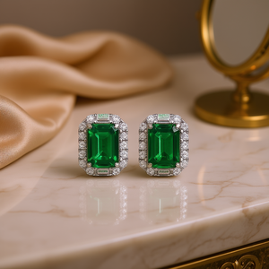 Orecchini a lobo Victoria con smeraldo taglio a spada in argento 925 placcato oro bianco, montatura a griffe, certificati GIA, design geometrico di lusso per matrimonio - Product Image 2