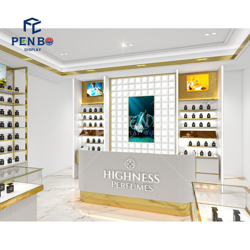 Luxury Wooden Perfume Stand Display Kiosk For Cosmetic Shop