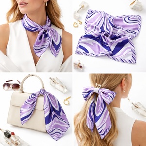 Pañuelo de seda satinada con estampado de mármol lavanda, lazo grande para el cabello y elegante envoltura para el cuello para mujer - Product Image 1