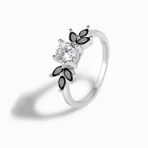 fashion ladies luxury gemstone ring black zircon jewelry high quality ring vintage white zircon sterling silver S925 ring