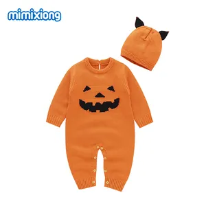 Mimixiong Hot Sell Boy Kids Baby Autumn Halloween Letter Pumpkin Expression Romper With Hat Children's Halloween 2 Pieces Baby