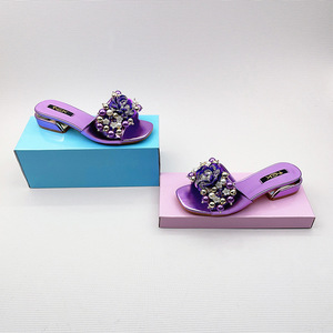 Sandalias Xuanhui de Verano, Color Morado Metálico, con Decoración de Perlas y Cristales, Tacón <span class=keywords><strong>Bajo</strong></span> de 3 cm, Elegantes y Sensuales - Product Image 4