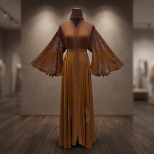 Abaya longue marron florale perlée en soie faite à la main, anti-rides, à manches extra longues et col montant, robe de prière modeste pour adultes - Product Image 2