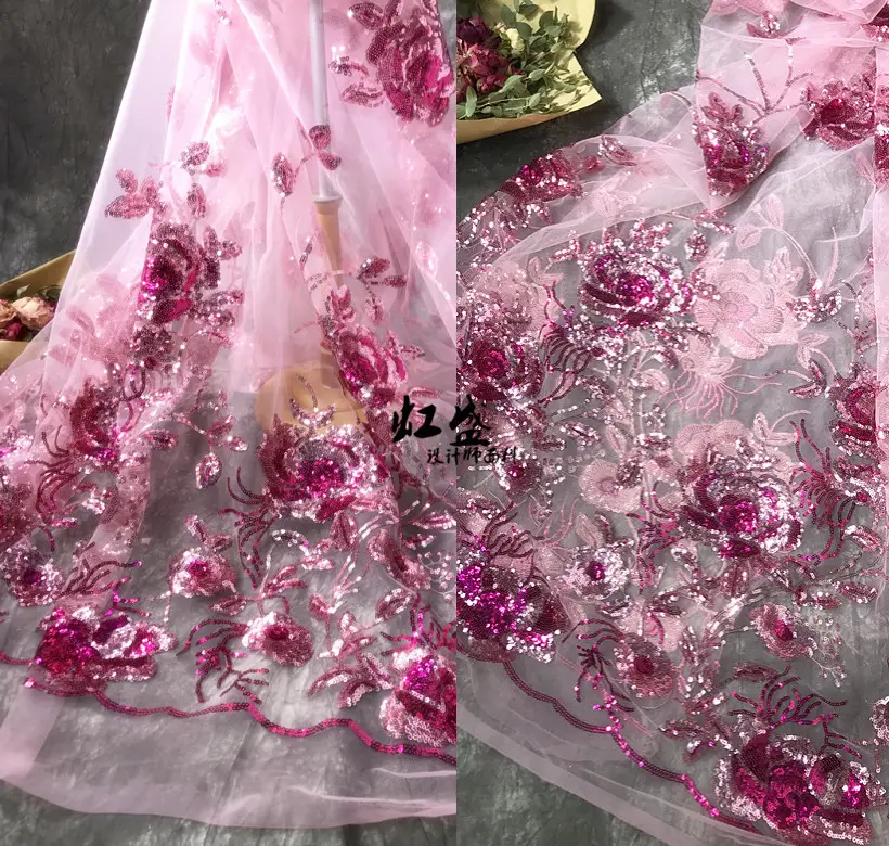 DELACE Schwerindustrie rosa Pailletten Stickerei Mesh Braut Spitze Stoff für Hochzeits kleid