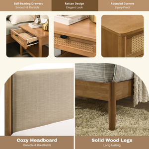 Ensemble de chambre à coucher Vichy en bois de caoutchouc, 2 pièces, lit plateforme avec table de chevet, taille king, cadre de lit moderne en bois, meubles de chambre - Product Image 5