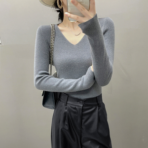 เสื้อสเวตเตอร์ถักคอวีของผู้หญิงเสื้อสเวตเตอร์ผ้าแคชเมียร์คอวีด้า<span class=keywords><strong>น</strong></span>หน้ายาวเข้าได้กับทุกชุด - Product Image 3