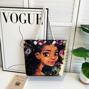 Sac fourre-tout en toile imprimé, tendance, noir brillant, imprimé fille, grande capacité, corde épaisse, sac <span class=keywords><strong>de</strong></span> plage, sac <span class=keywords><strong>à</strong></span> bandoulière <span class=keywords><strong>de</strong></span> voyage - Product Image 4