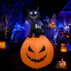 Gato Negro Inflable de Halloween Sentado <span class=keywords><strong>en</strong></span> una <span class=keywords><strong>Calabaza</strong></span> con <span class=keywords><strong>Cara</strong></span> Aterradora Tallada, Modelo Luminoso para Decoración de Jardín Exterior - Product Image 4