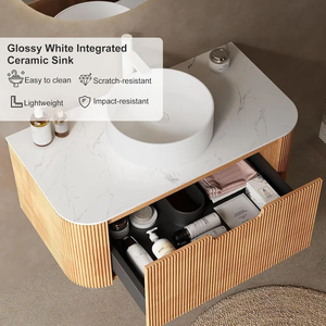 Gabinete de almacenamiento de tocador de lavabo de madera contrachapada montado en la pared duradero moderno personalizado con combinación de fregadero de cerámica - Product Image 2