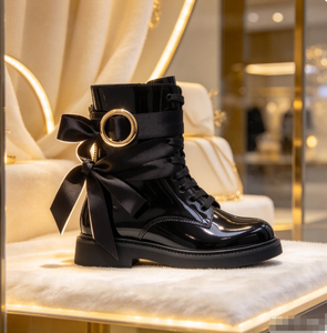 Bottes mi-mollet en cuir verni pour femmes, chaussures d'hiver à lacets et bout rond - Product Image 6