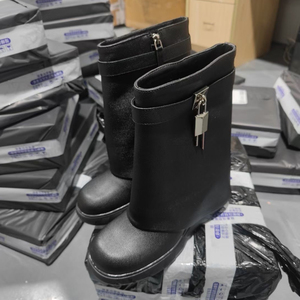 Real Leather Quality Botas Mujer Thick Bottom Wedge Lock Sexy Black Leather Fashion <b>Shoes</b> Woman Designer Boots - Product Image 3