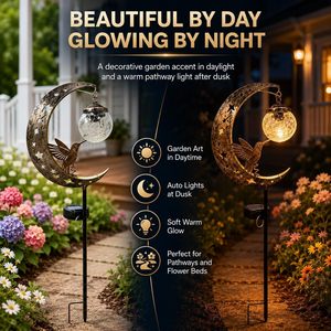 ไฟประดับสวนรูปพระจันทร์ครึ่งเสี้ยว Frewac Hummingbird Moon Solar พร้อมไฟ LED กันน้ำ ตกแต่งทางเดินด้วยลูกแก้วลายแตกและฐานโลหะ - Product Image 2
