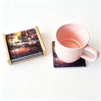 Offre Spéciale – Sous-verres en céramique personnalisables imprimés UV, motif cabane de montagne et lac, motif coucher de soleil forêt rustique, résistants à la chaleur et antidérapants pour table