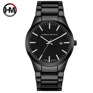 HANNAH MARTIN 1756 Reloj para hombre Calendario de lujo Acero inoxidable Cuarzo Moda Negro completo Reloj deportivo impermeable