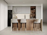 Meuble de cuisine Shaker gris beige et anthracite, îlot de cuisine cascade, poignées en laiton en forme de T, panneau stratifié PVC E1, mobilier sur mesure