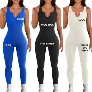 Custom Seamless Playsuit Women's Yoga Ribbed 1 Piece Rompers Sleeveless Gym Exercise Jumpsuits Sports Jumpsuits