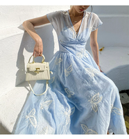Robe midi à imprimé floral rétro vintage personnalisée, robe longue brodée à la française, vêtements pour femmes, robe à col en V, taille mi-haute pour femmes