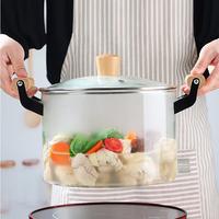Marmite en verre OEM grande taille, résistante à la chaleur, en verre borosilicate transparent, ensemble de casseroles avec poignée en bois