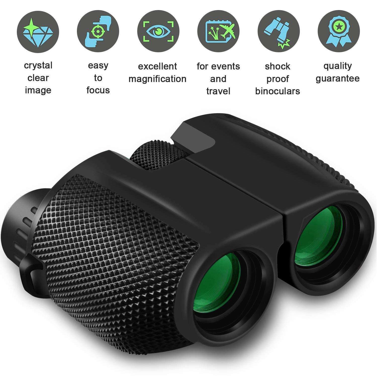 High Powered 10x25 Folding Compact Binoculars Telescope with Low Light Night Vision for Bird Watching