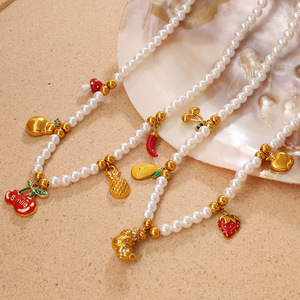 ชุดสร้อยคอและสร้อยข้อมือประดับมุกเทียมรูปผลไม้ ของขวัญเครื่องประดับตกแต่งสไตล์หวานสำหรับผู้หญิง ดีไซน์เชอร์รี่สตรอว์เบอร์รี่ - Product Image 3
