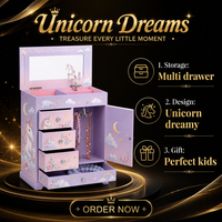 Boîte à bijoux musicale licorne violette avec miroir, licorne rotative, coffre de rangement à 4 tiroirs pour petites filles, cadeau d'anniversaire
